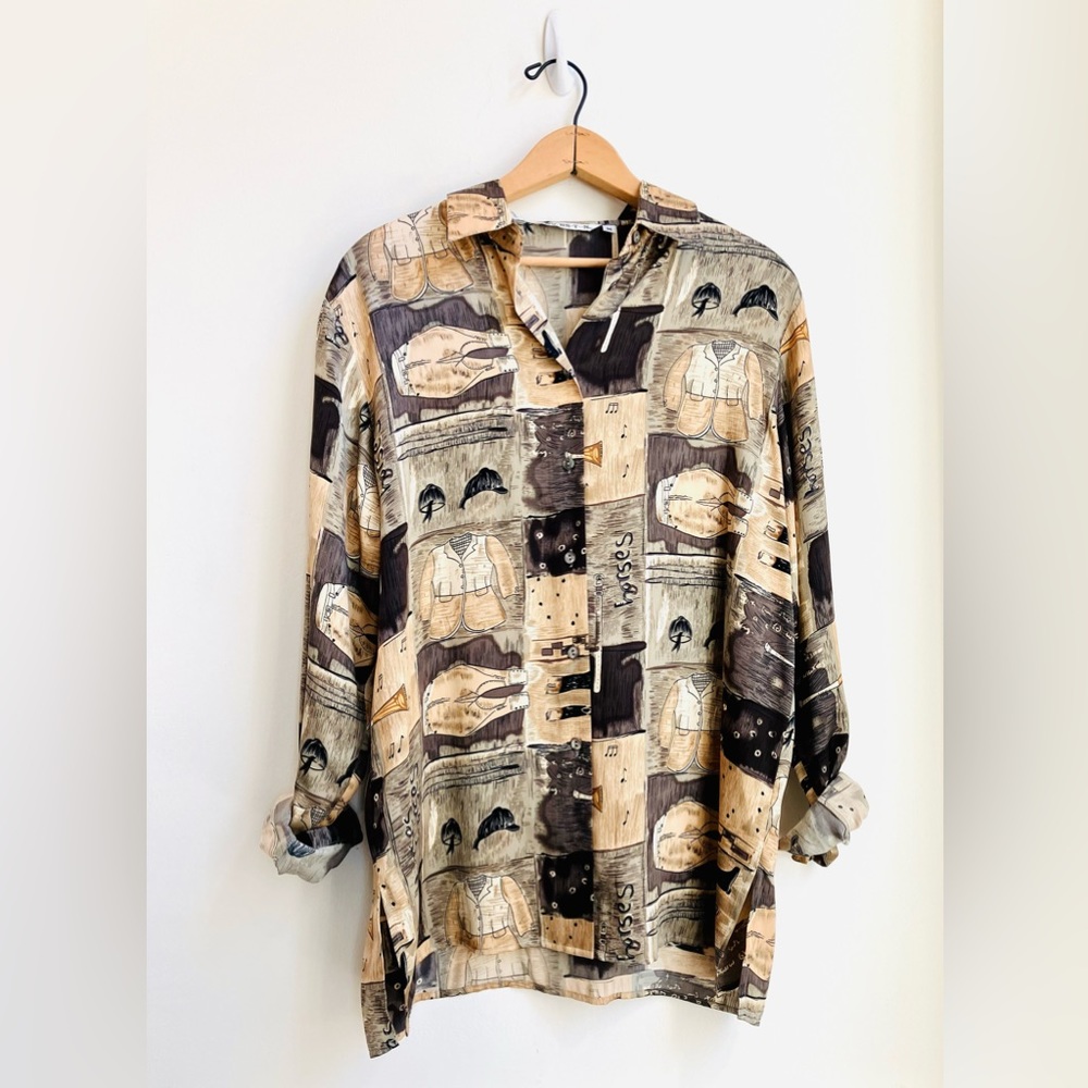 EQUESTRIAN PRINT 🤎 100% Silk Novelty Print Button Down Shirt/ Blouse, Med. 🐴
